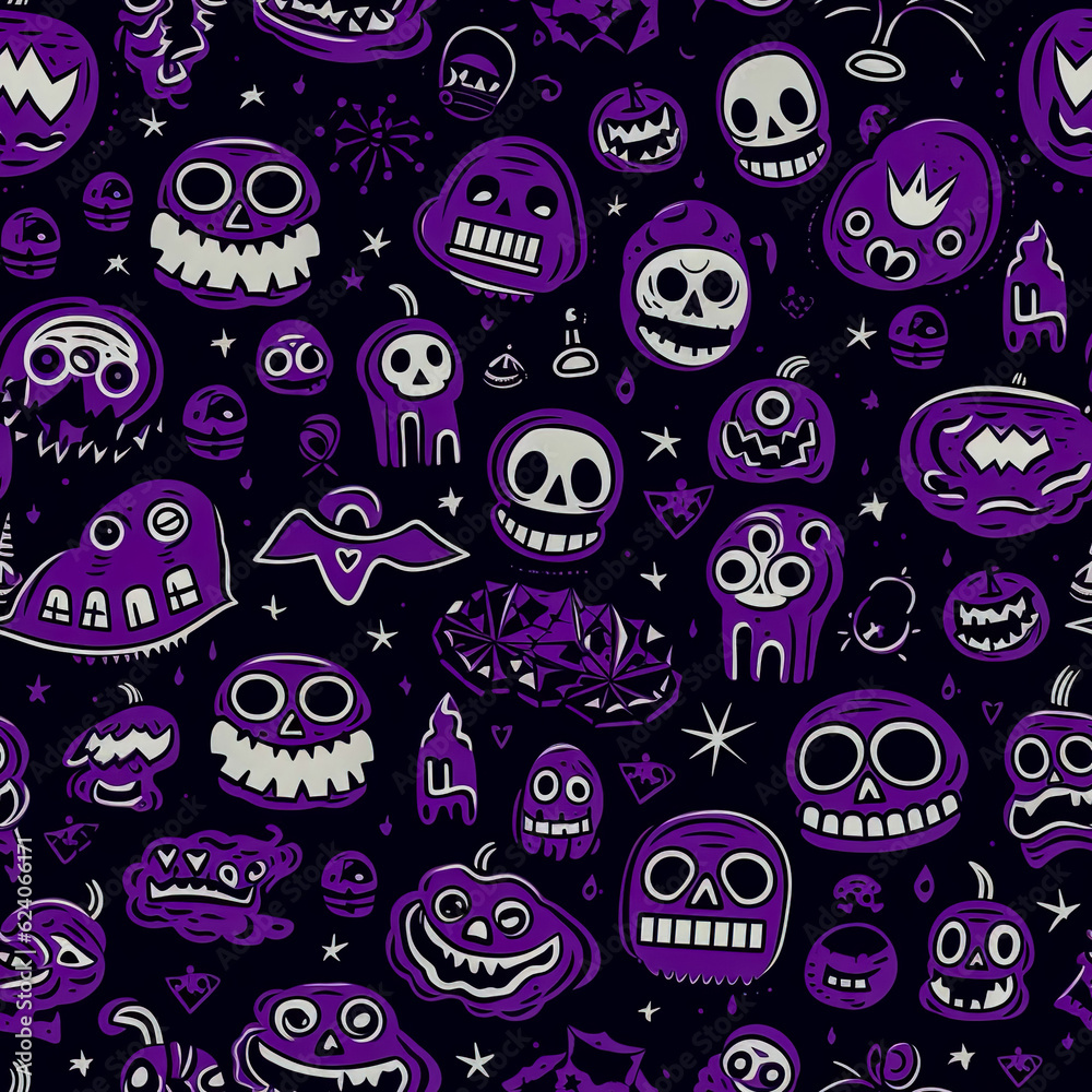 Seamless pattern with hand drawn halloween doodles. Childish tiling background with cartoon spooky ghosts, skulls, bones, spider. Generative AI Seamless pattern with hand drawn halloween doodles. Childish tiling background with cartoon spooky ghosts, skulls, bones, spider. Generative AI