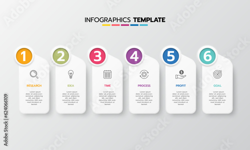 Business infographic template process with simple geometry square, rectangle, circle, triangle, curves in flat design template with thin line icons and 6 options or steps. Vector illustration.