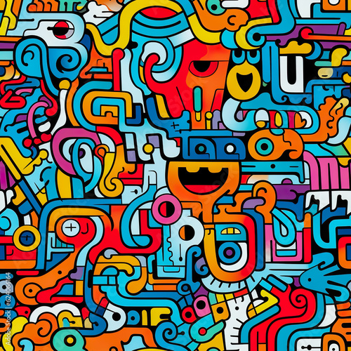 Colorful retro cartoon doodle seamless pattern illustration. Vintage style happy face sticker background. Generative AI