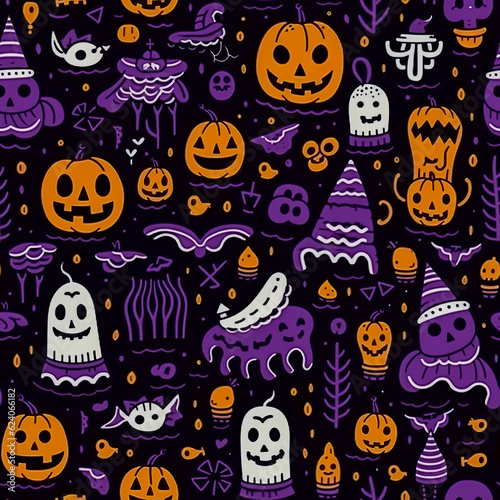 Seamless pattern with hand drawn halloween doodles. Childish tiling background with cartoon spooky ghosts, skulls, bones, spider. Generative AI