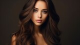 Beautiful brunette with brown lipstick on her lips. Pretty girl with long brown hair. Closeup portrait of a Brunette young woman with generative ai