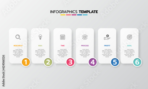 Business infographic template process with simple geometry square, rectangle, circle, triangle, curves in flat design template with thin line icons and 6 options or steps. Vector illustration.