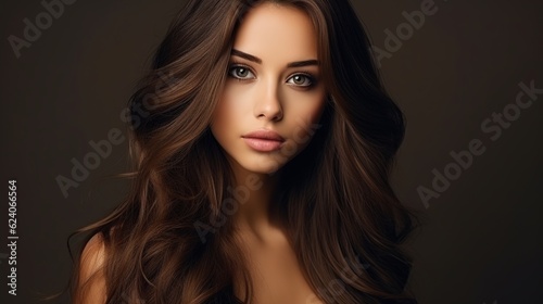 Beautiful brunette with brown lipstick on her lips. Pretty girl with long brown hair. Closeup portrait of a Brunette young woman with generative ai