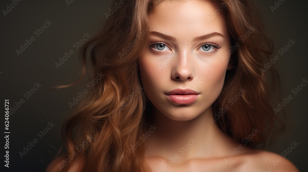 Fototapeta premium Serene Gaze: A captivating portrait of a young woman with auburn waves and striking blue eyes, her serene expression and flawless complexion exude natural beauty and confidence.