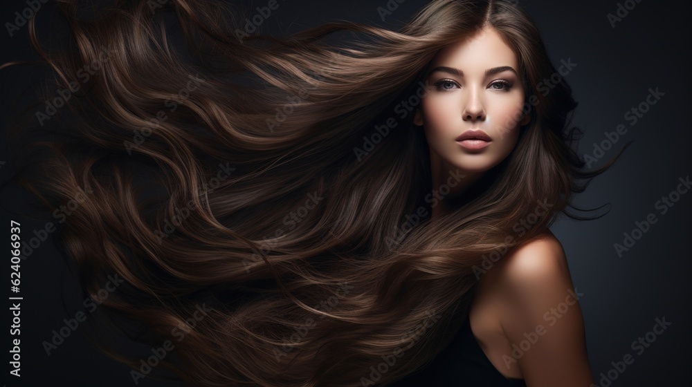 Fashion portrait of young model with long healthy hair flying. Hair care concept with generative ai Fashion portrait of young model with long healthy hair flying. Hair care concept with generative ai
