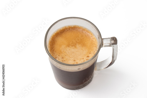 Hot coffee in glass on white background. Top view of coffee in glass.