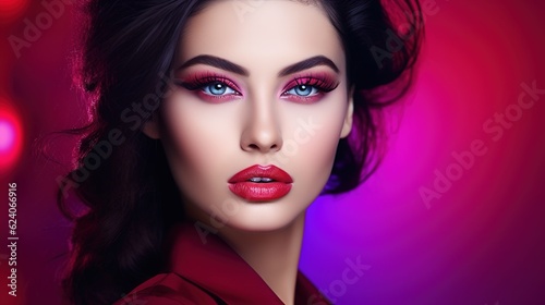 Beauty Woman face Portrait. Beautiful model Girl with Perfect Fresh Clean Skin color lips purple red with generative ai