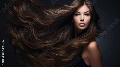 Fashion portrait of young model with long healthy hair flying. Hair care concept with generative ai
