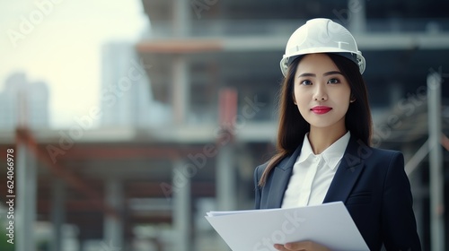 Business Asia woman engineer developer holding blueprint working Confident outdoors in construction site with generative ai