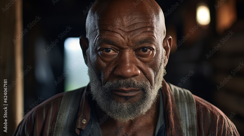Close-up portrait of bald and bearded african american senior man in log cabin with generative ai