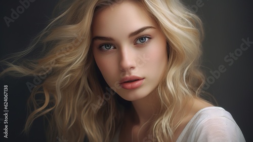 close up portrait of young beautiful blonde woman on gray background with generative ai