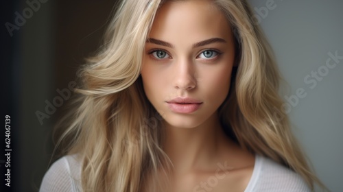 close up portrait of young beautiful blonde woman on gray background with generative ai