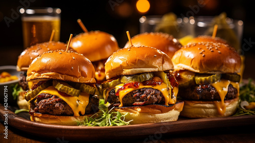 A platter of flavorful and juicy sliders, topped with melted cheese, pickles, and a special sauce