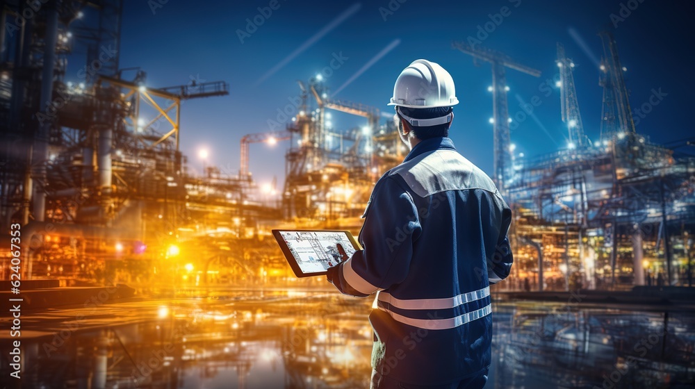 smart engineer maintenance in solar power plant checking installing photovoltaic solar modules with digital tablet with Oil and gas refinery industry plant background with generative ai 