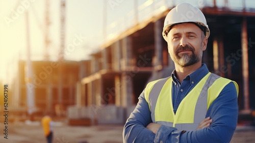 Engineer  portrait of man architect standing in front of construction site and arms crossed. Industrial or architecture  project or management and happy mature male worker with safety