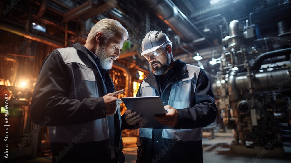 Heavy-duty industrial engineers stand in a pipeline manufacturing facility using digital tablet computers for the construction of products to transport oil, gas and fuel with generative ai