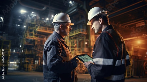 Heavy-duty industrial engineers stand in a pipeline manufacturing facility using digital tablet computers for the construction of products to transport oil, gas and fuel with generative ai