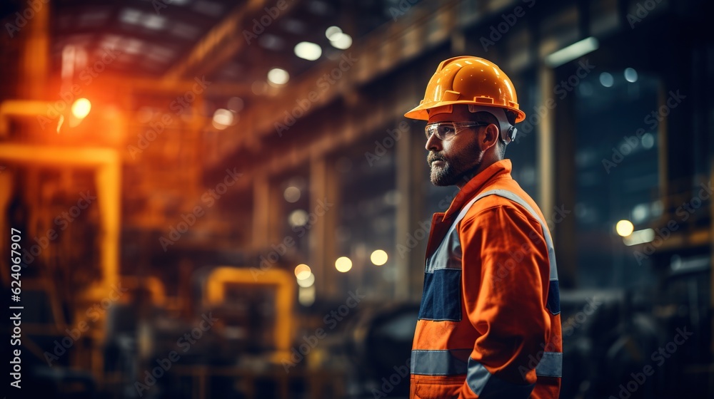 Industrial Engineer in Hard Hat Wearing Safety Jacket Walks Through Heavy Industry Manufacturing Factory with Various Metalworking Processes with generative ai