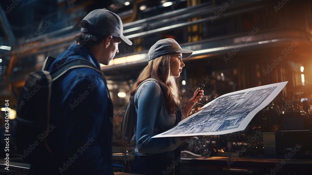 Male and Female Industrial Engineers Look at Project Blueprints While Standing Surround By Pipeline Parts in the Middle of Enormous Heavy Industry Manufacturing Factory with generative ai