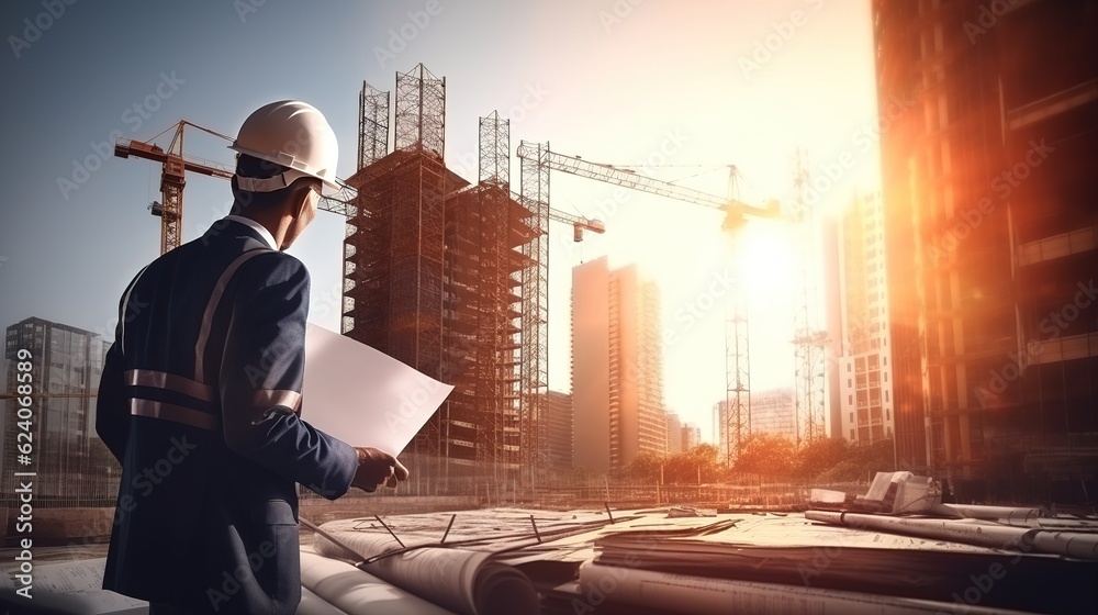Smart civil architect engineer inspecting and working outdoors structure building site with blueprints. engineering and architecture concept with generative ai Smart civil architect engineer inspecting and working outdoors structure building site with blueprints. engineering and architecture concept with generative ai