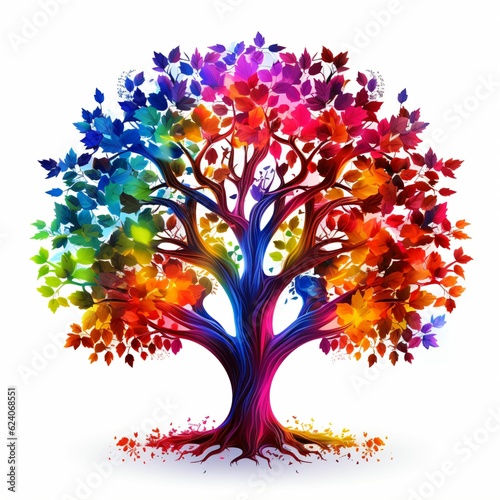 Tree Illustration with Multi Coloured Leaves on White Background