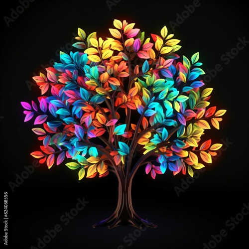 Tree Illustration with Multi Coloured Leaves on Black Background