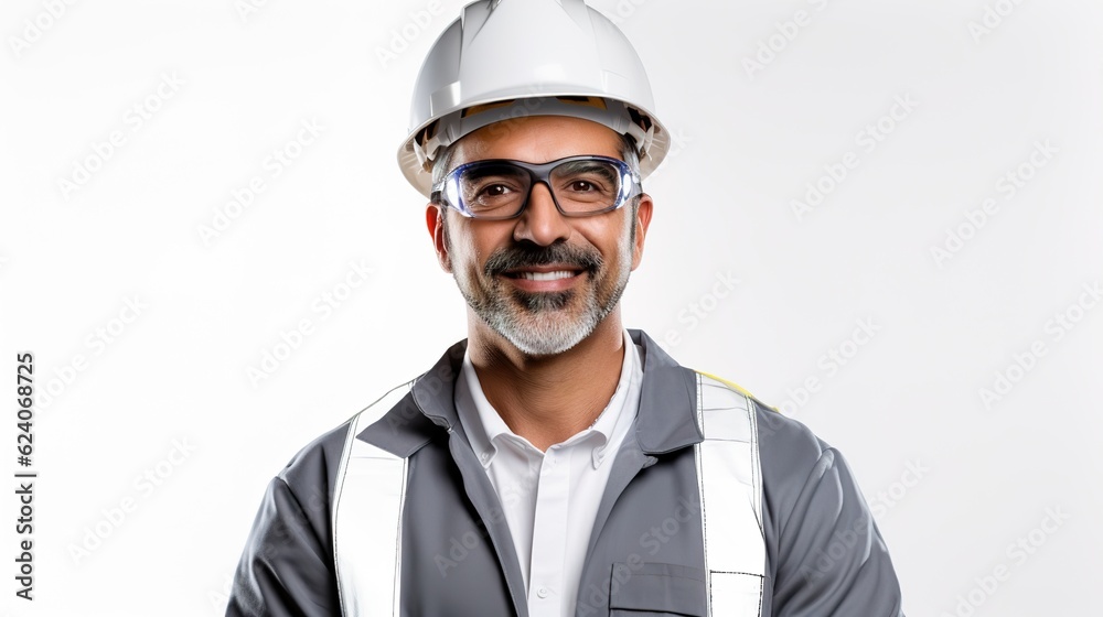 Waist up portrait of Middle-Eastern engineer wearing hardhat posing against white background holding tablet, copy space with generative ai Waist up portrait of Middle-Eastern engineer wearing hardhat posing against white background holding tablet, copy space with generative ai
