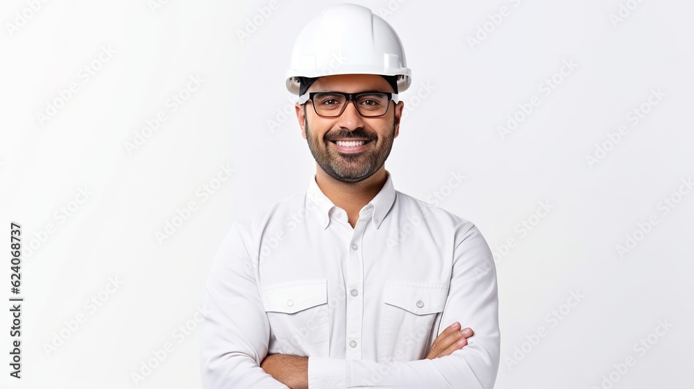 Waist up portrait of Middle-Eastern engineer wearing hardhat posing against white background holding tablet, copy space with generative ai