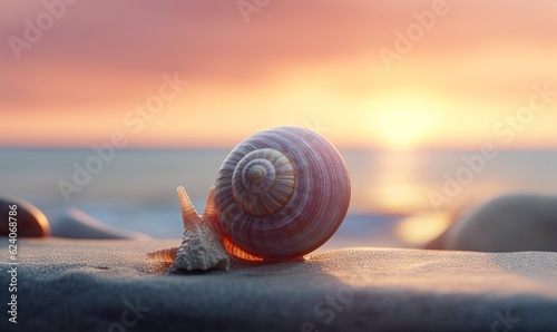  a shell on the beach with the sun setting in the background. generative ai