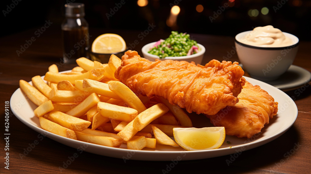 A plate of crispy fish and chips, with golden-brown battered fish fillets and a side of fries A plate of crispy fish and chips, with golden-brown battered fish fillets and a side of fries
