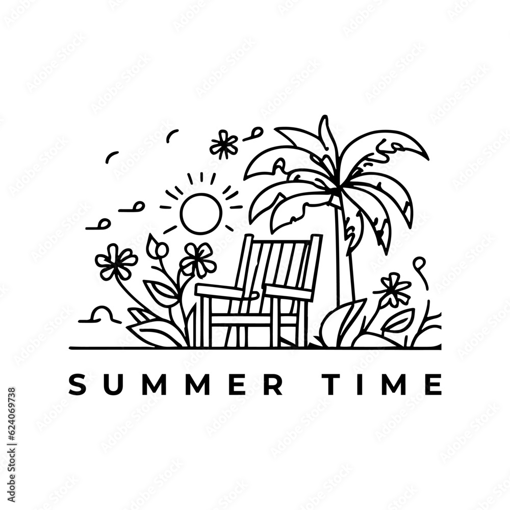 Obraz premium Vacation Chair, Palm Tree, Beach, and Sun: Linear Illustration of a Tropical Paradise. Relax and Unwind in the Serene Ambiance of a Beach Getaway. Vector Artwork.