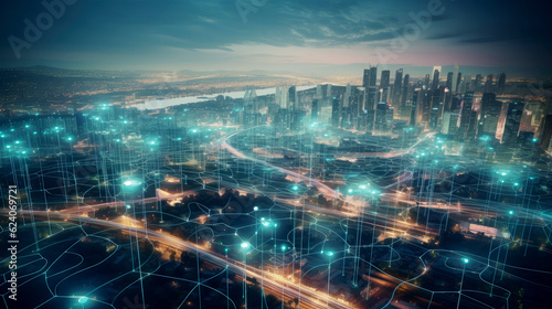 Modern smart city network interconnected, AI generated