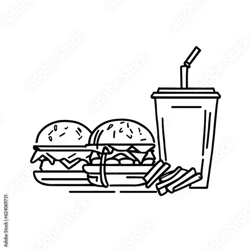 Duo of Burgers and Drink: Linear Illustration of Two Tempting Burgers and a Refreshing Beverage. Perfect for Fast Food Menus or Restaurant Logos. Vector Artwork.