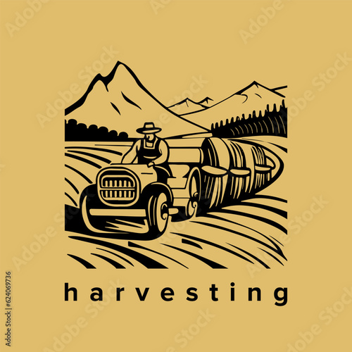 Farmer on Tractor: Linear Illustration of a Dedicated Farmer Carrying Hay Bales in a Field. Majestic Mountainous Landscape Forms the Scenic Backdrop. Vector Artwork.