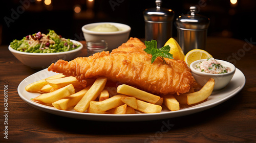 A plate of crispy fish and chips, with golden-brown battered fish fillets and a side of fries