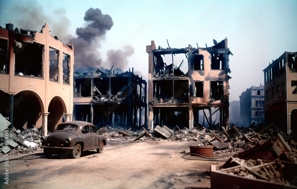The destroyed city houses on fire during the war. Generative AI. The destroyed city houses on fire during the war. Generative AI.