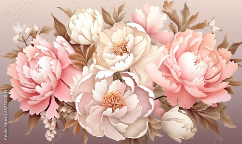  a bouquet of flowers with leaves on a pink and beige background.  generative ai © Anna