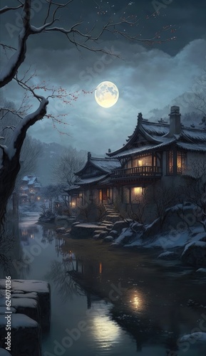 An ancient building in Asia is generated by AI when the moon rises by the river © evening_tao