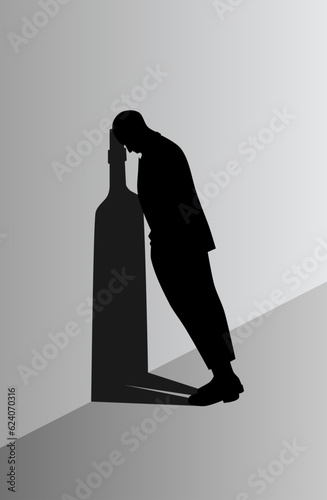 Drunk Male Character Chained to Alcohol Bottle. Problems in Life, Alcohol Addiction Concept with Male Character with Pernicious Habits Addiction and Substance Abuse.