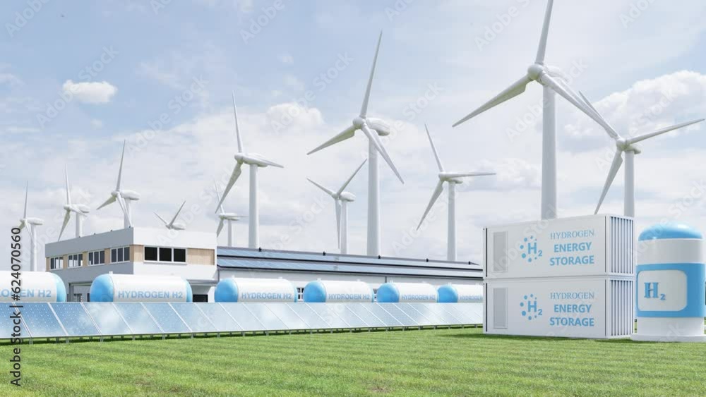 Concept of an energy storage system based on electrolysis of hydrogen for clean electricity solar and wind turbine facility.