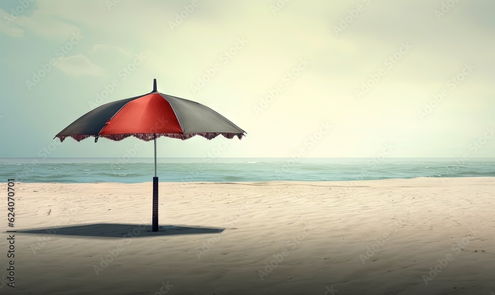  a red, white and black umbrella on a beach near the ocean.  generative ai