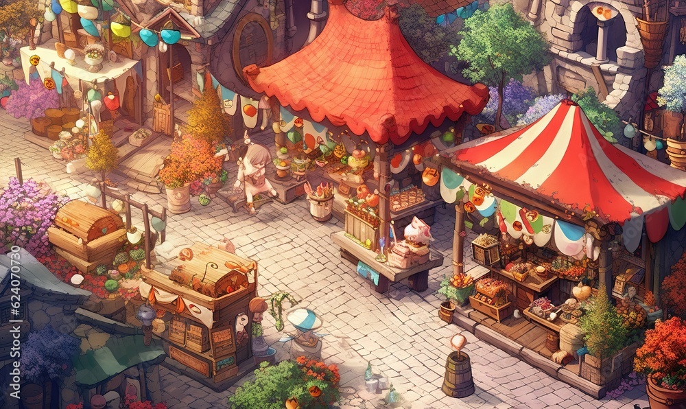 Obraz premium a painting of a small town with lots of flowers and a circus tent. generative ai