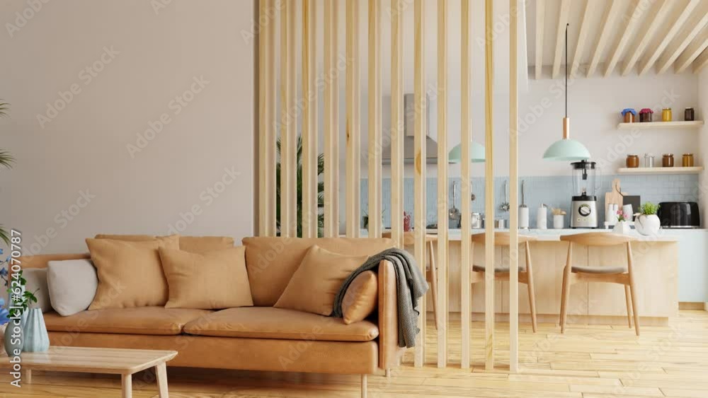 Living room interior wall mockup in warm tones with leather sofa which is behind the kitchen.
