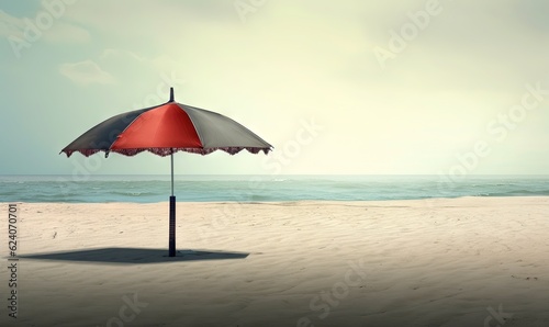  a red  white and black umbrella on a beach near the ocean.  generative ai