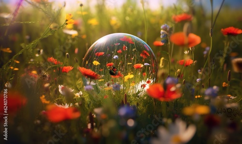  a bubble in a field of flowers with a butterfly on it.  generative ai
