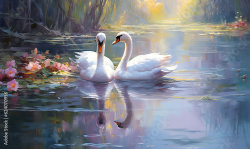 Fototapeta Naklejka Na Ścianę i Meble -   a painting of two swans swimming in a pond of water.  generative ai