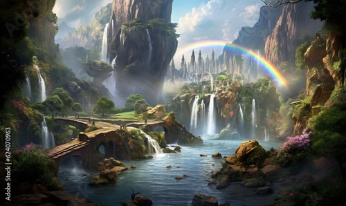  a painting of a waterfall with a rainbow in the background.  generative ai