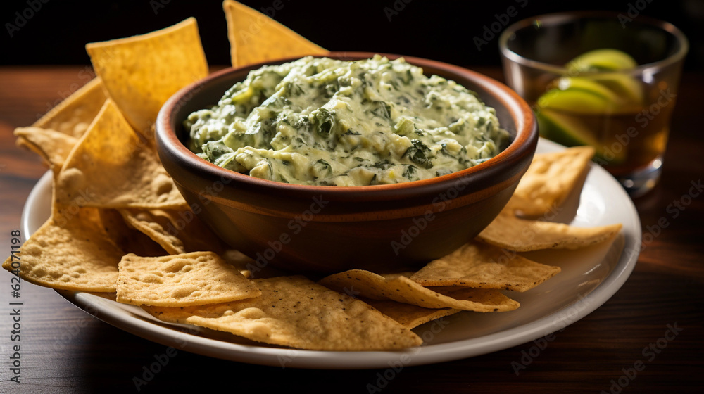 A bowl of creamy and cheesy spinach artichoke dip, served with crispy tortilla chips A bowl of creamy and cheesy spinach artichoke dip, served with crispy tortilla chips
