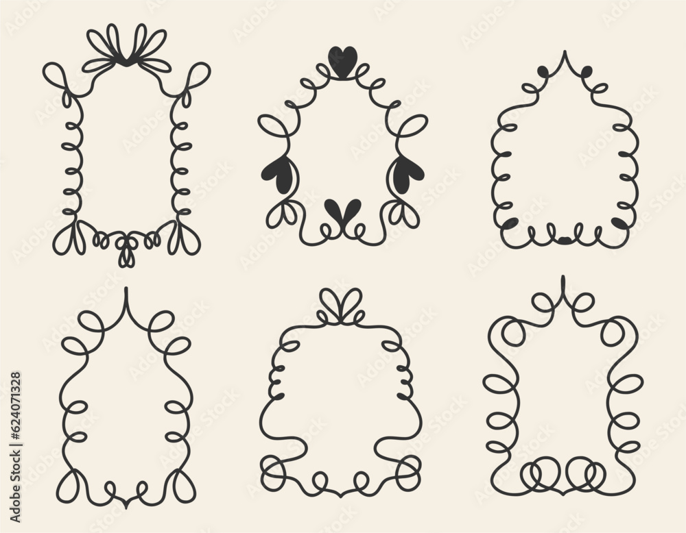 Fototapeta premium Collection of black openwork hand-drawn frames. Decor elements. Vector frames in cartoon style.
