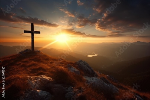 Christian theme background with a cross on top of a hill © evening_tao